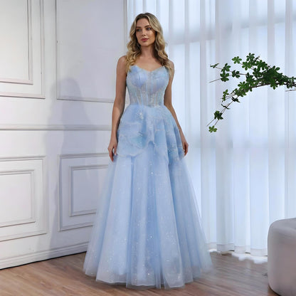 Luxury Peach Floral Appliqué A-Line Sparkly Evening Dress LA73185 - SERENE  HILL