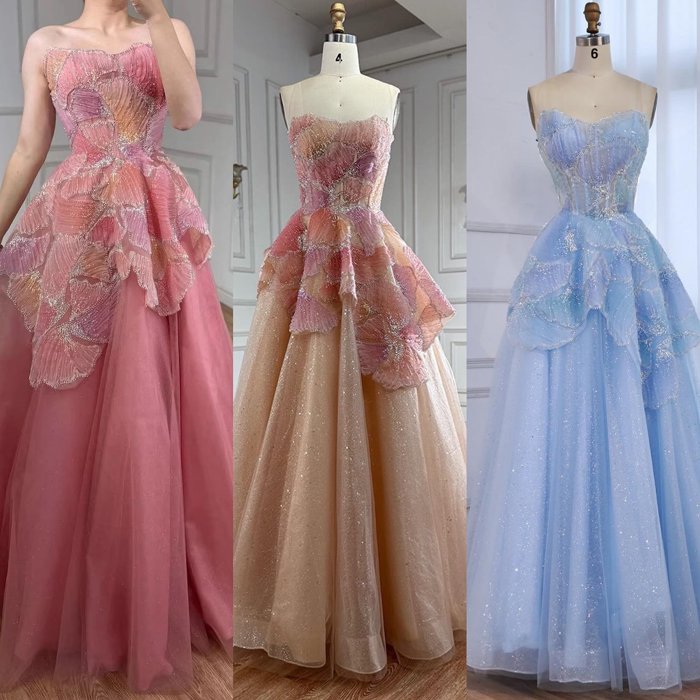 Luxury Peach Floral Appliqué A-Line Sparkly Evening Dress LA73185 - SERENE  HILL