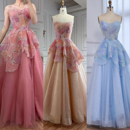 Luxury Peach Floral Appliqué A-Line Sparkly Evening Dress LA73185 - SERENE  HILL
