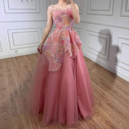 Luxury Peach Floral Appliqué A-Line Sparkly Evening Dress LA73185 - SERENE  HILL