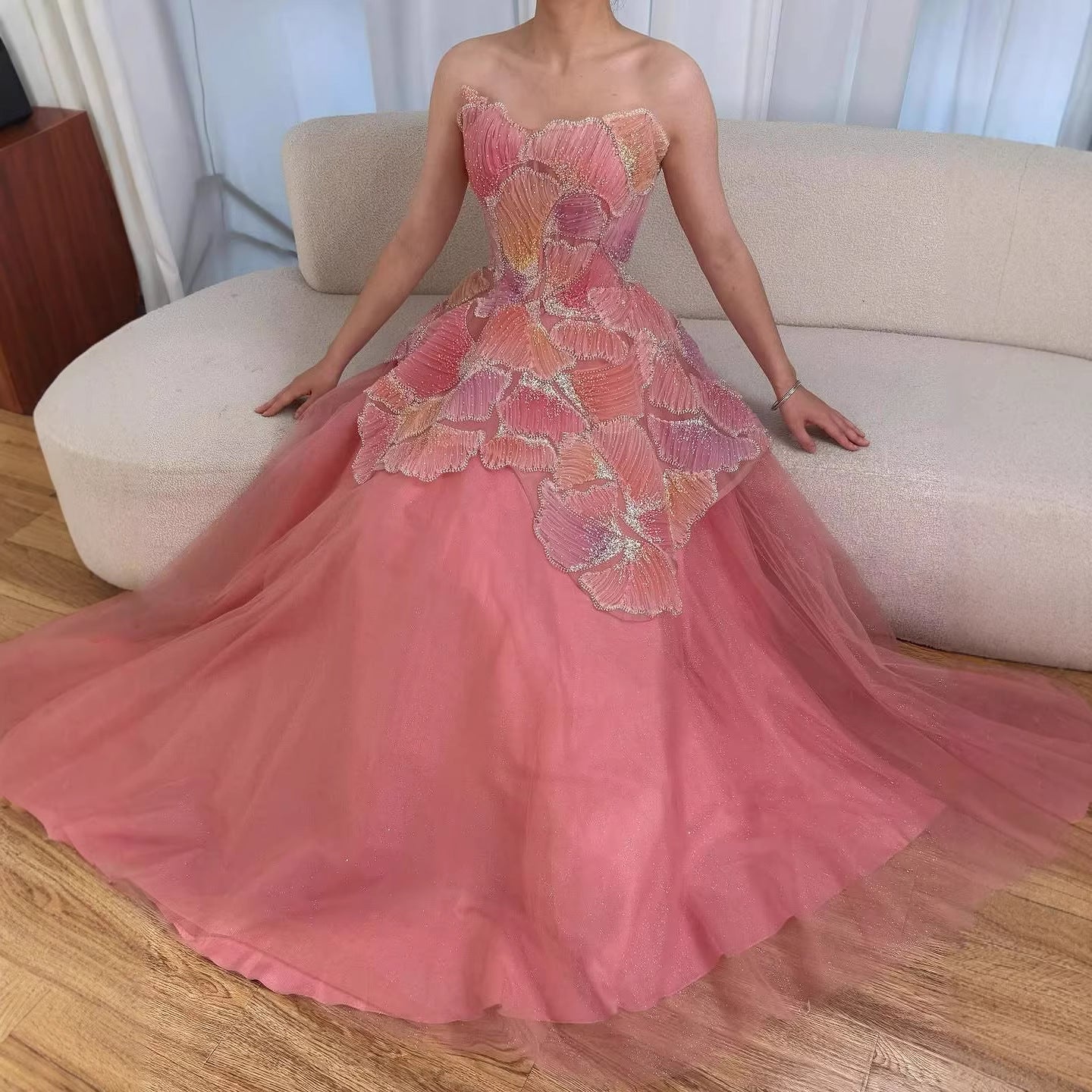 Luxury Peach Floral Appliqué A-Line Sparkly Evening Dress LA73185 - SERENE  HILL