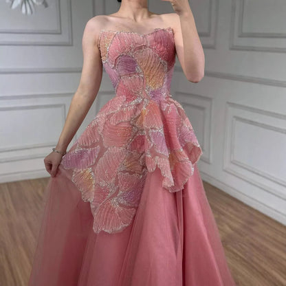 Luxury Peach Floral Appliqué A-Line Sparkly Evening Dress LA73185 - SERENE  HILL