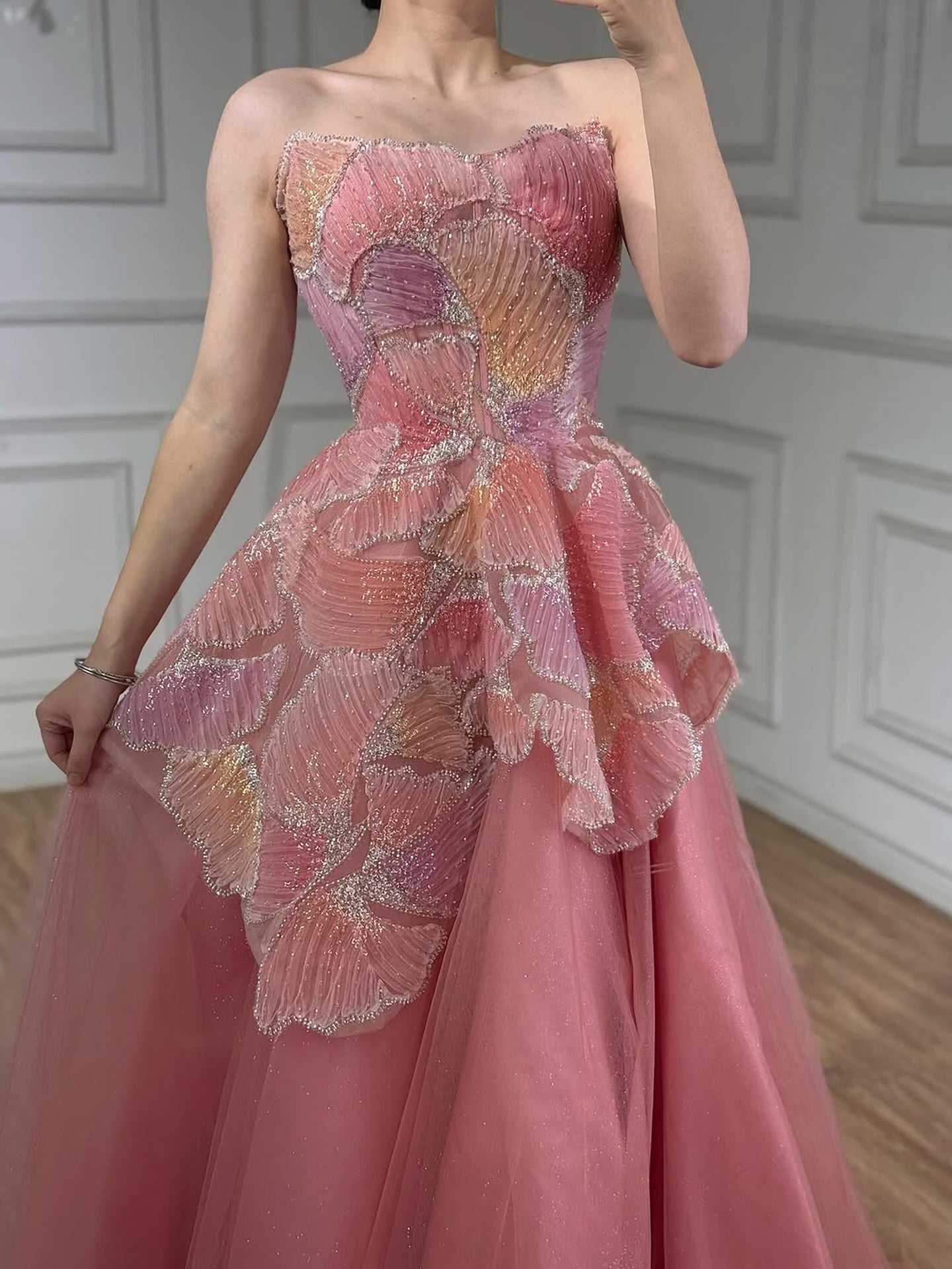 Luxury Peach Floral Appliqué A-Line Sparkly Evening Dress LA73185 - SERENE  HILL