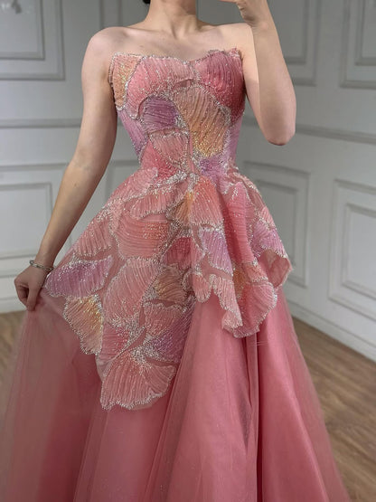 Luxury Peach Floral Appliqué A-Line Sparkly Evening Dress LA73185 - SERENE  HILL