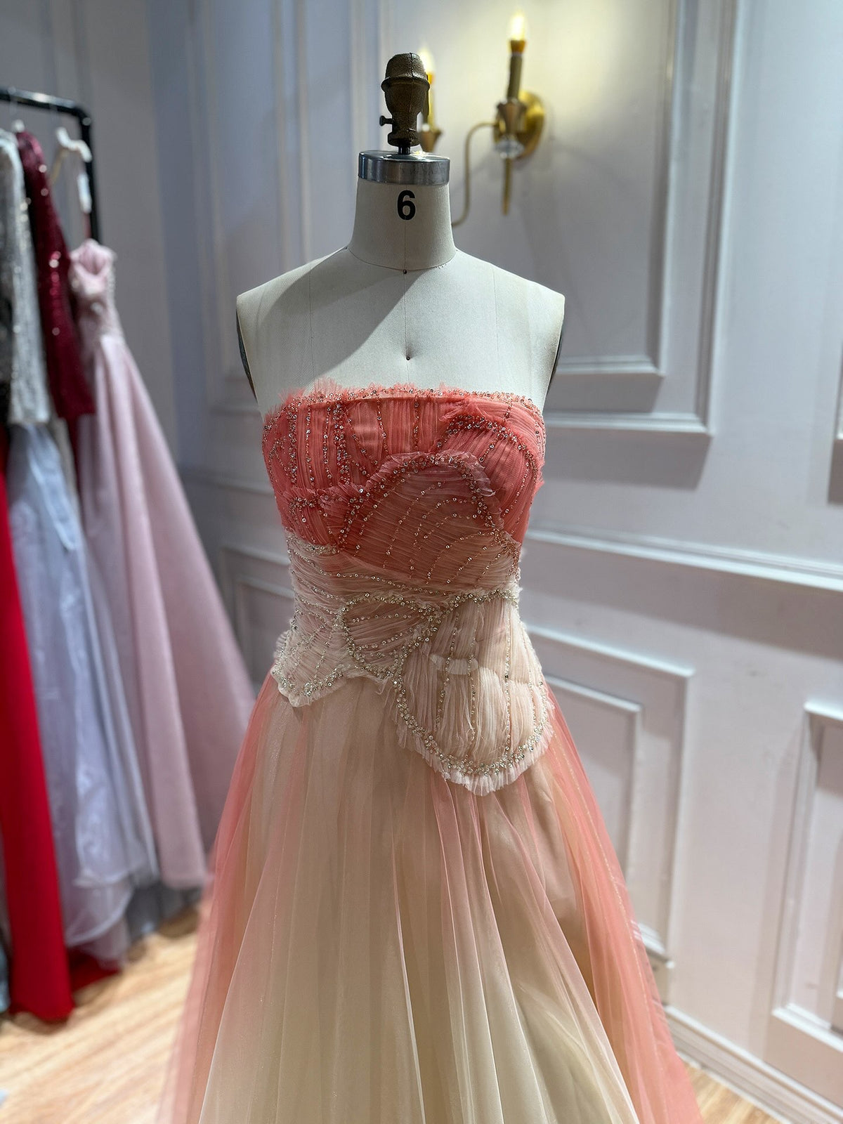Romantic Peach Beaded Strapless Prom Dress LA73185A