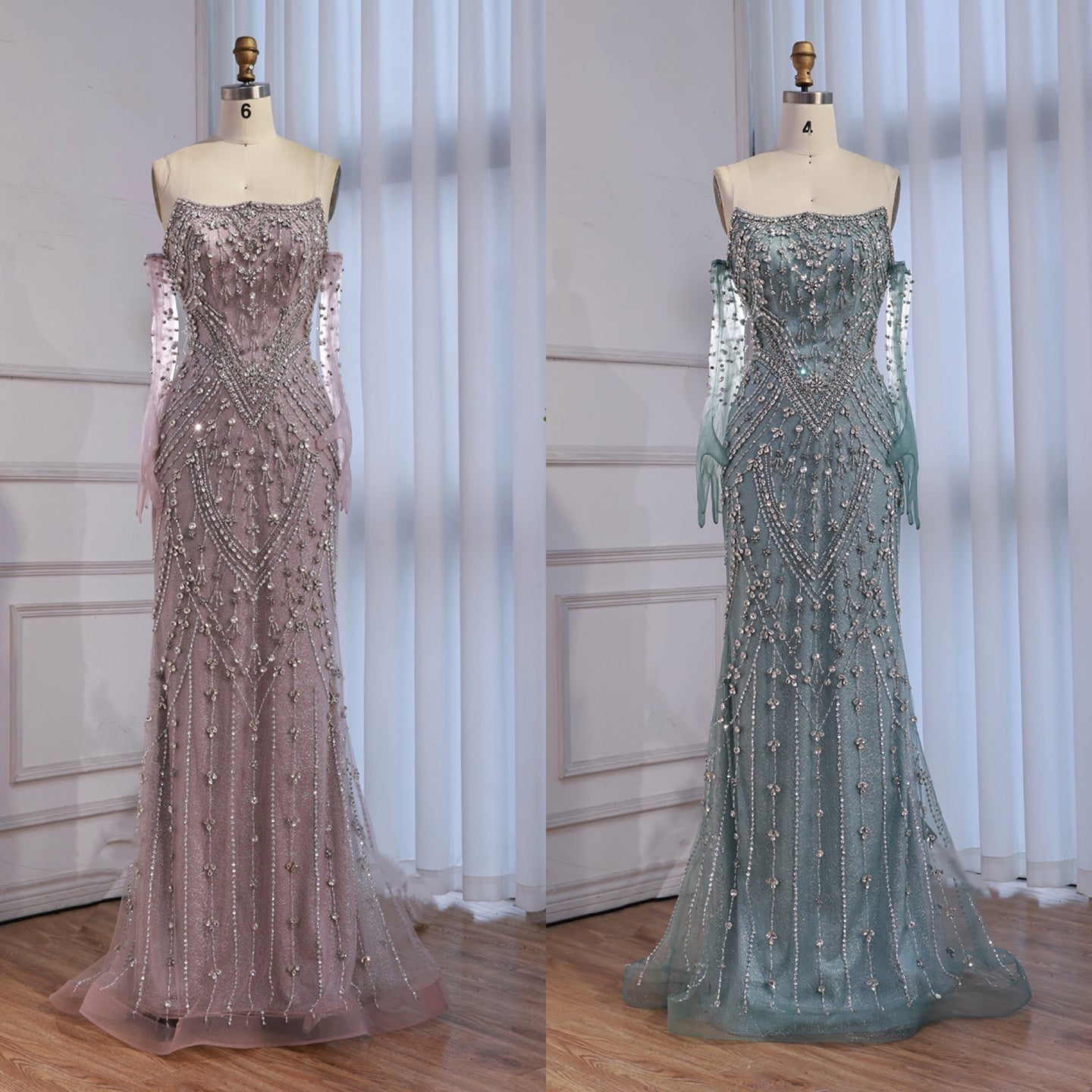 Luxury Caramel Crystal Beaded Mermaid Evening Gown with Gloves LA73186