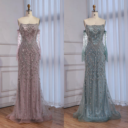 Luxury Caramel Crystal Beaded Mermaid Evening Gown with Gloves LA73186