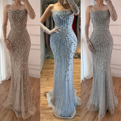 Luxury Caramel Crystal Beaded Mermaid Evening Gown with Gloves LA73186