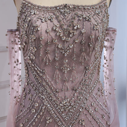 Luxury Caramel Crystal Beaded Mermaid Evening Gown with Gloves LA73186