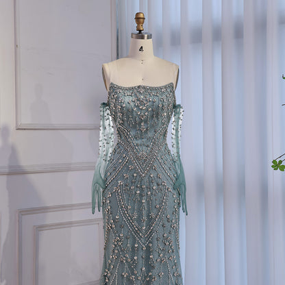 Luxury Caramel Crystal Beaded Mermaid Evening Gown with Gloves LA73186