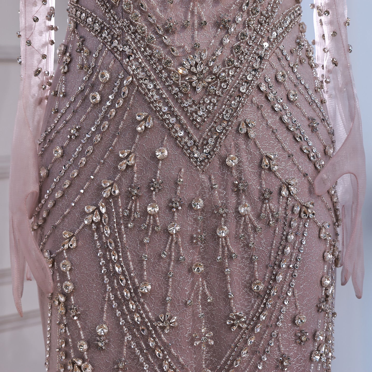 Luxury Caramel Crystal Beaded Mermaid Evening Gown with Gloves LA73186