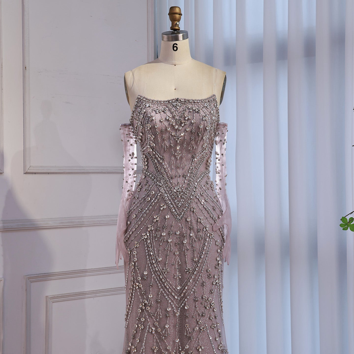 Luxury Caramel Crystal Beaded Mermaid Evening Gown with Gloves LA73186