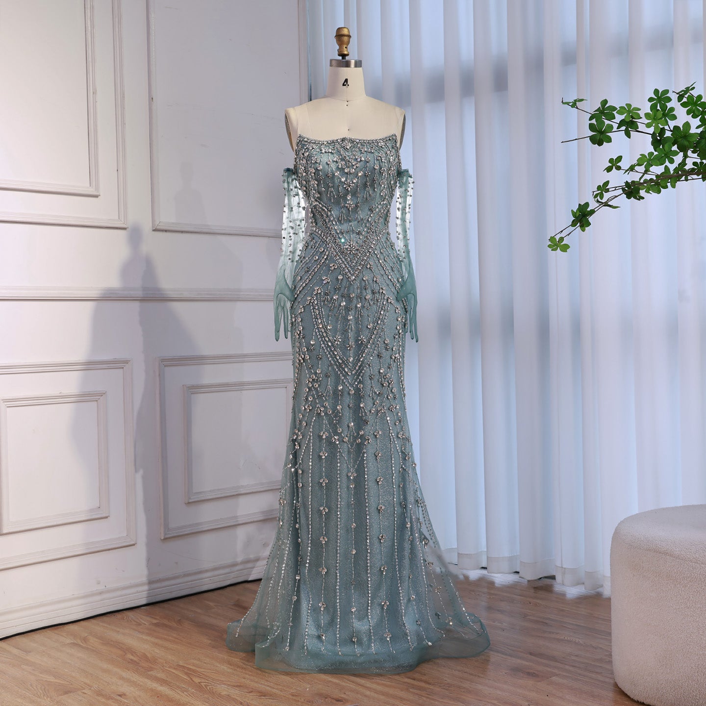 Luxury Caramel Crystal Beaded Mermaid Evening Gown with Gloves LA73186