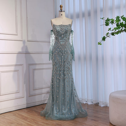 Luxury Caramel Crystal Beaded Mermaid Evening Gown with Gloves LA73186