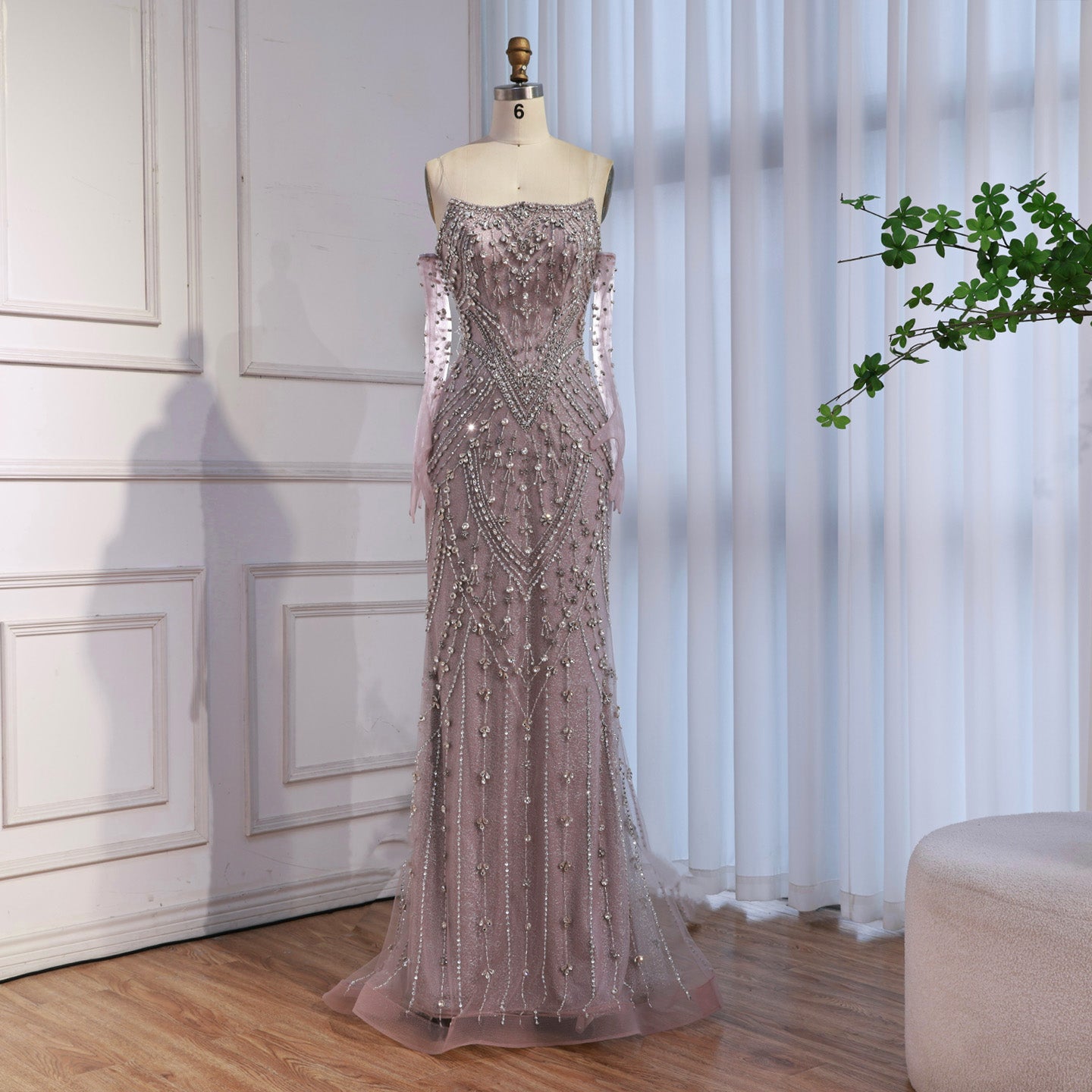 Luxury Caramel Crystal Beaded Mermaid Evening Gown with Gloves LA73186