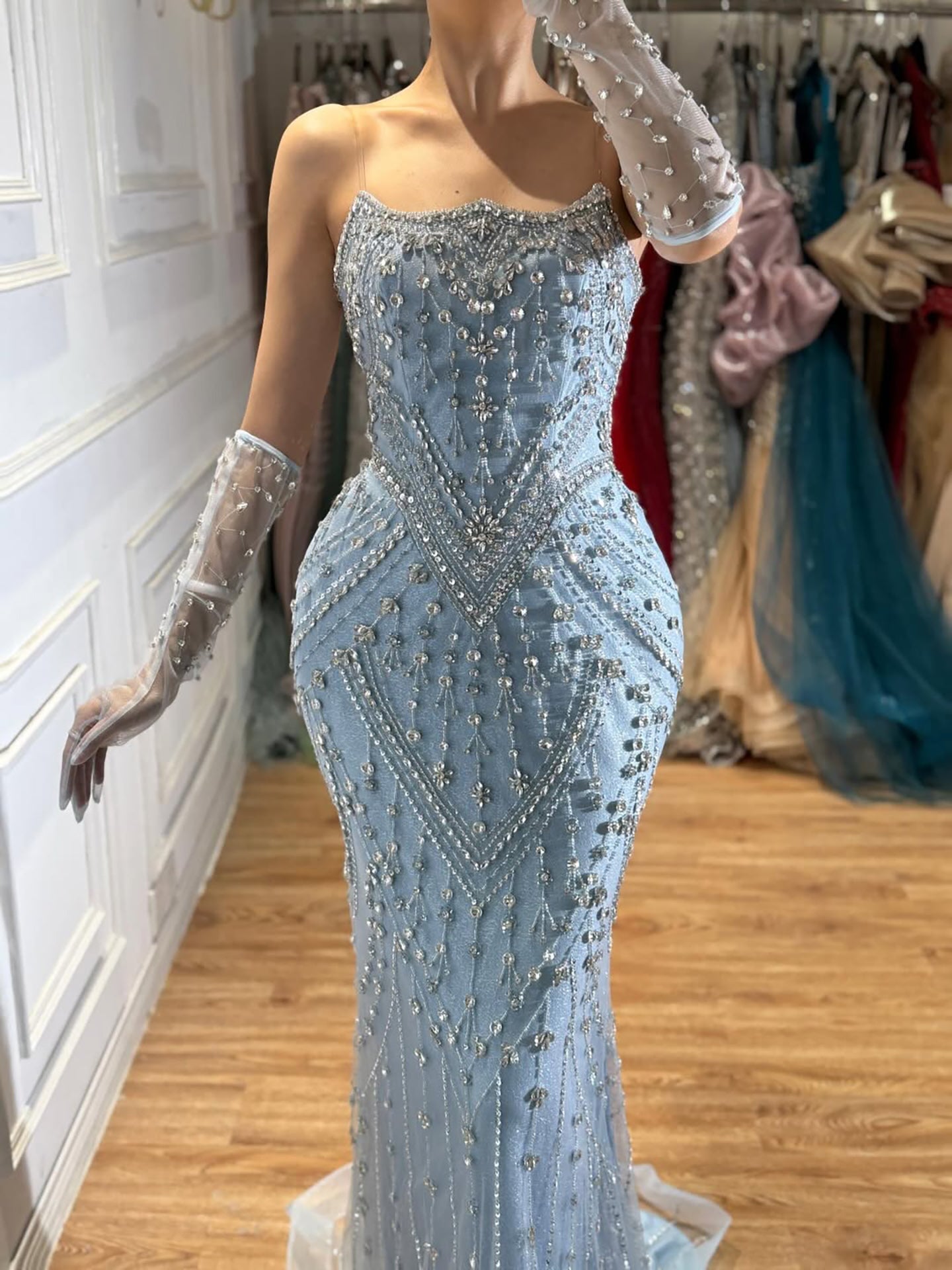 Luxury Caramel Crystal Beaded Mermaid Evening Gown with Gloves LA73186