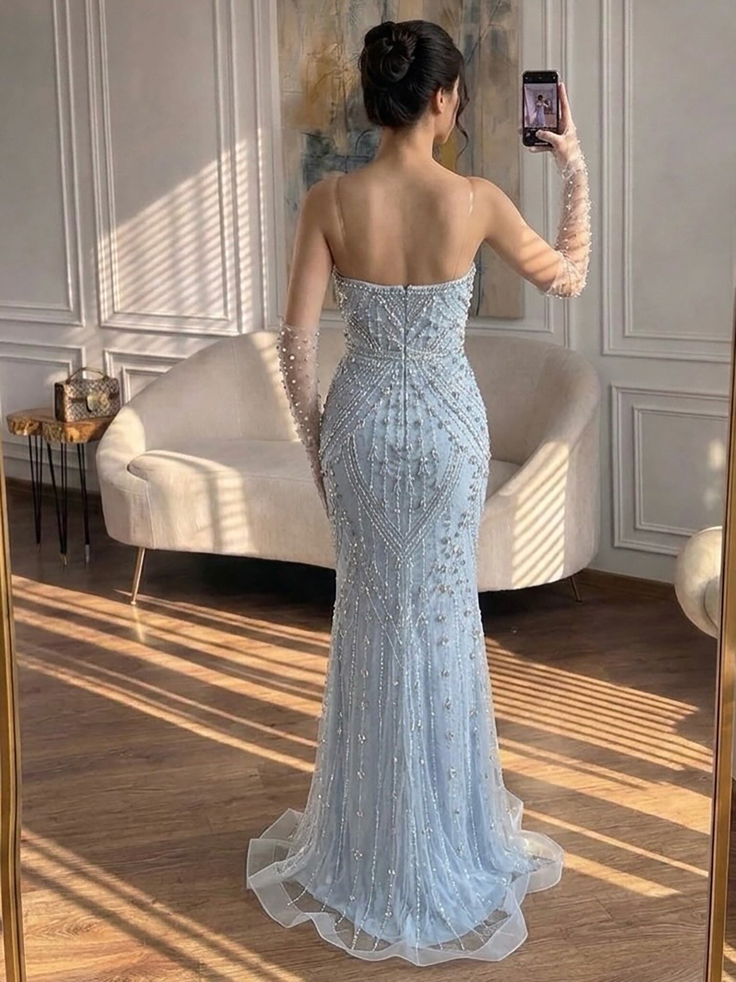 Luxury Caramel Crystal Beaded Mermaid Evening Gown with Gloves LA73186