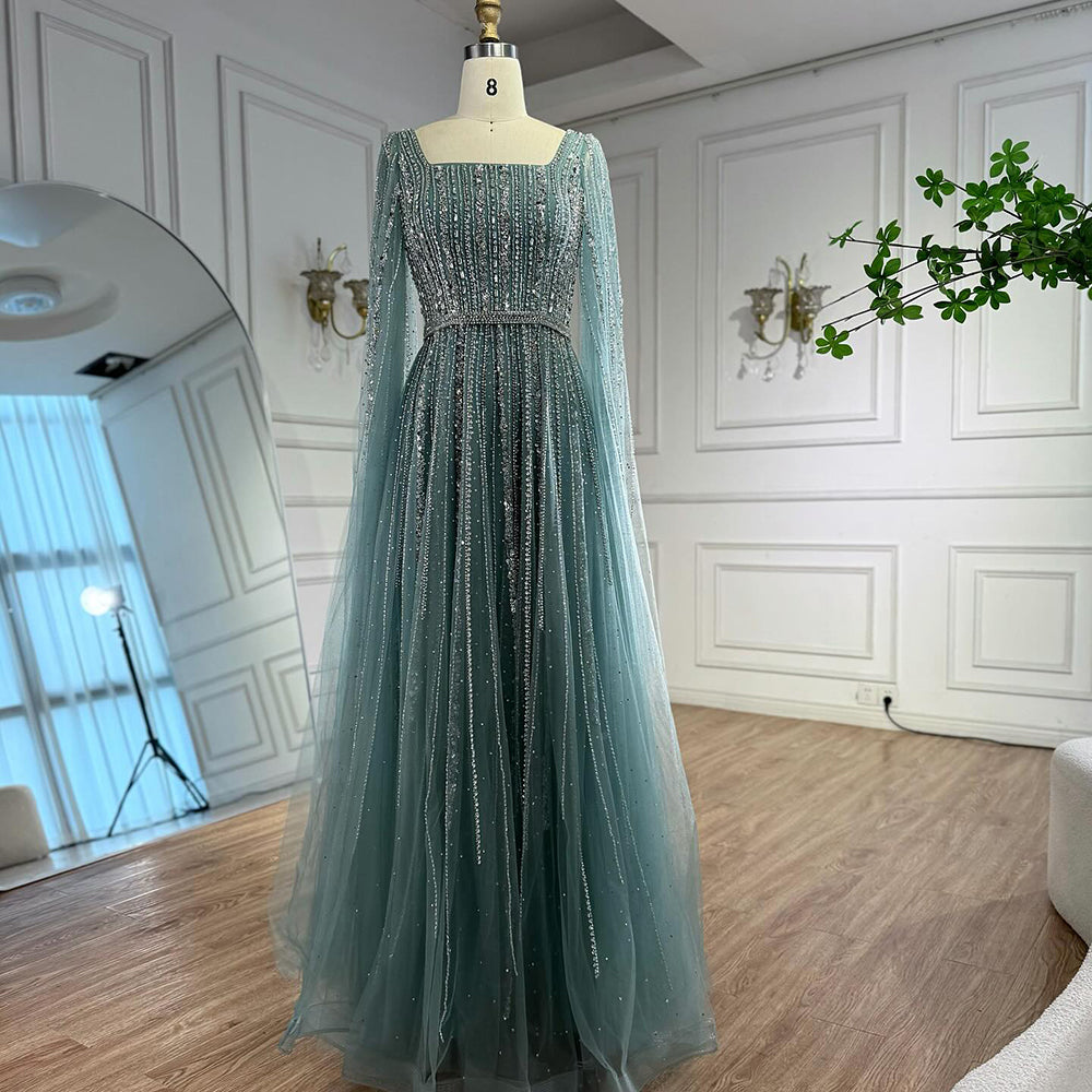 Luxury Blue Square Neck Beaded A Line Evening Gown with Cape LA73188A SERENE HILL