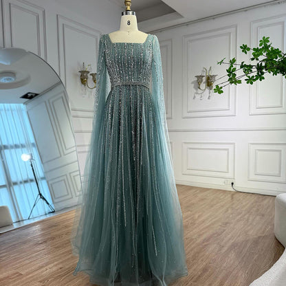 Luxury Blue Square Neck Beaded A Line Evening Gown with Cape LA73188A SERENE HILL