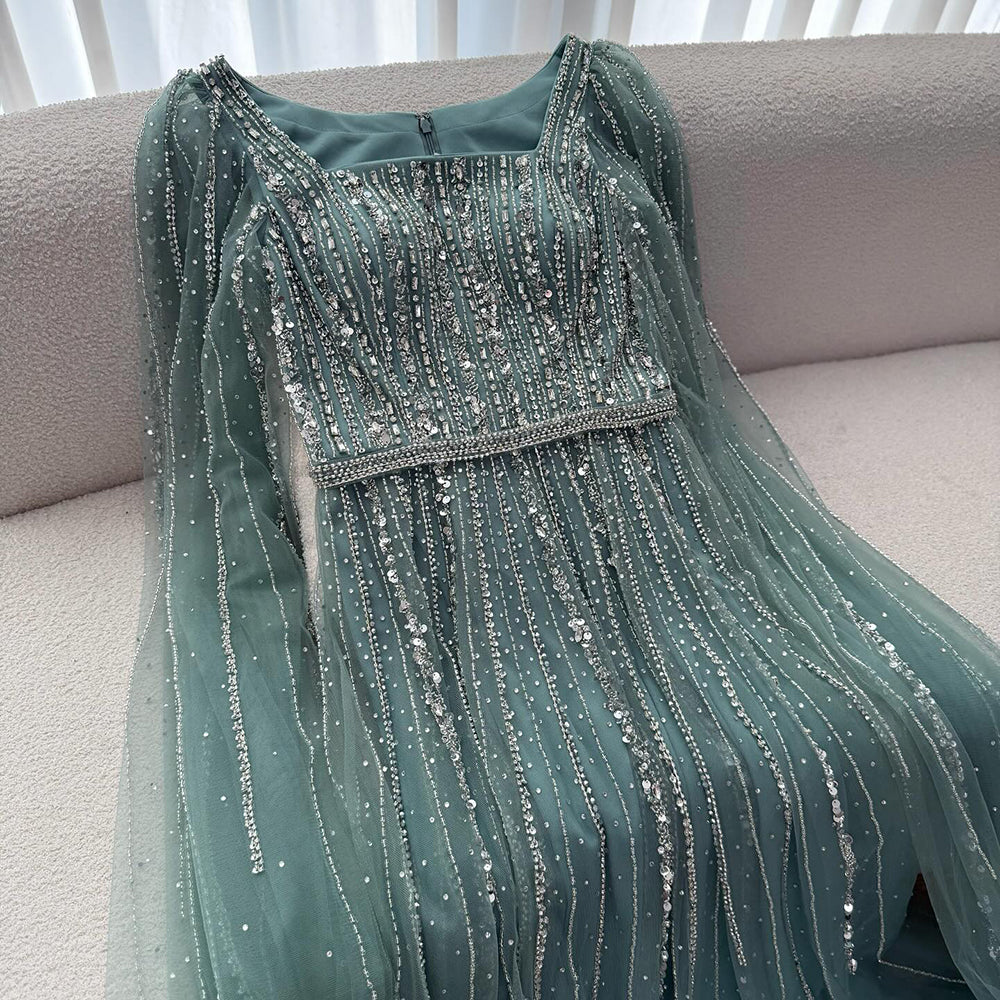 Luxury Blue Square Neck Beaded A Line Evening Gown with Cape LA73188A SERENE HILL