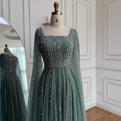 Luxury Blue Square Neck Beaded A Line Evening Gown with Cape LA73188A SERENE HILL