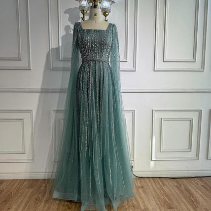 Luxury Blue Square Neck Beaded A Line Evening Gown with Cape LA73188A SERENE HILL