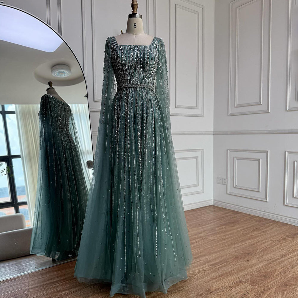 Luxury Blue Square Neck Beaded A Line Evening Gown with Cape LA73188A SERENE HILL