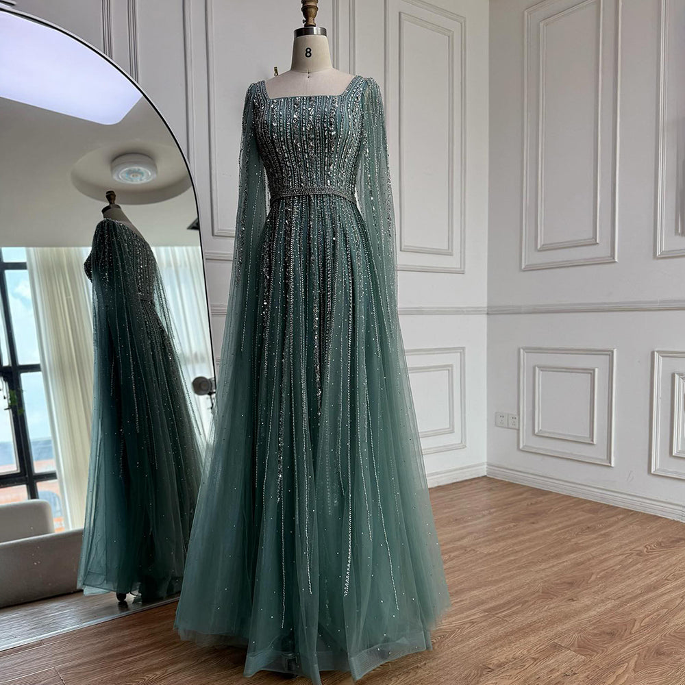 Luxury Blue Square Neck Beaded A Line Evening Gown with Cape LA73188A SERENE HILL