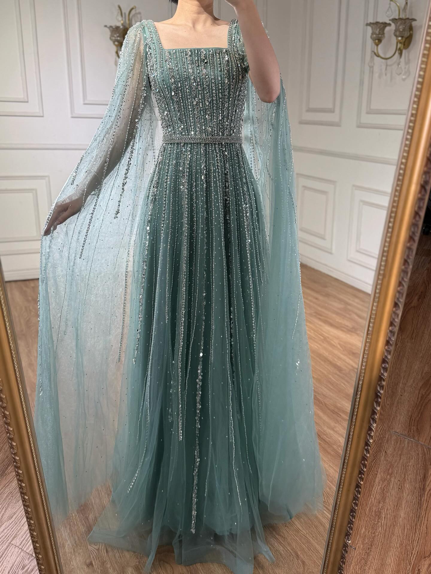 Luxury Blue Square Neck Beaded A Line Evening Gown with Cape LA73188A SERENE HILL