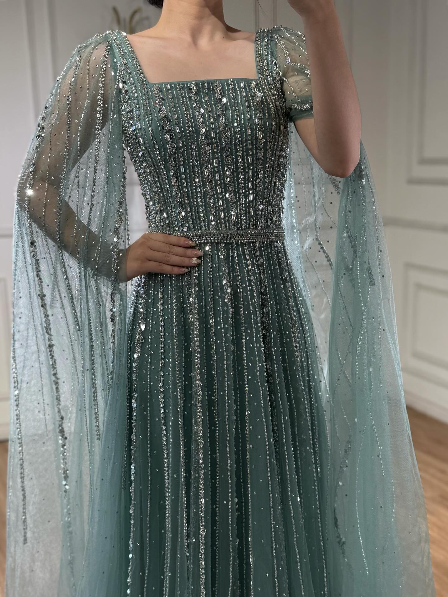 Luxury Blue Square Neck Beaded A Line Evening Gown with Cape LA73188A SERENE HILL