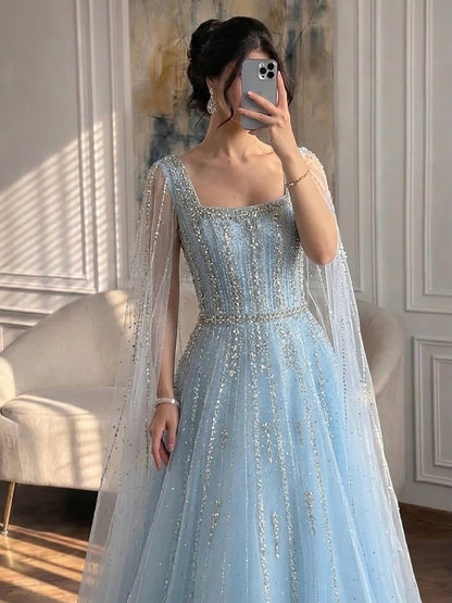 Luxury Blue Square Neck Beaded A Line Evening Gown with Cape LA73188A