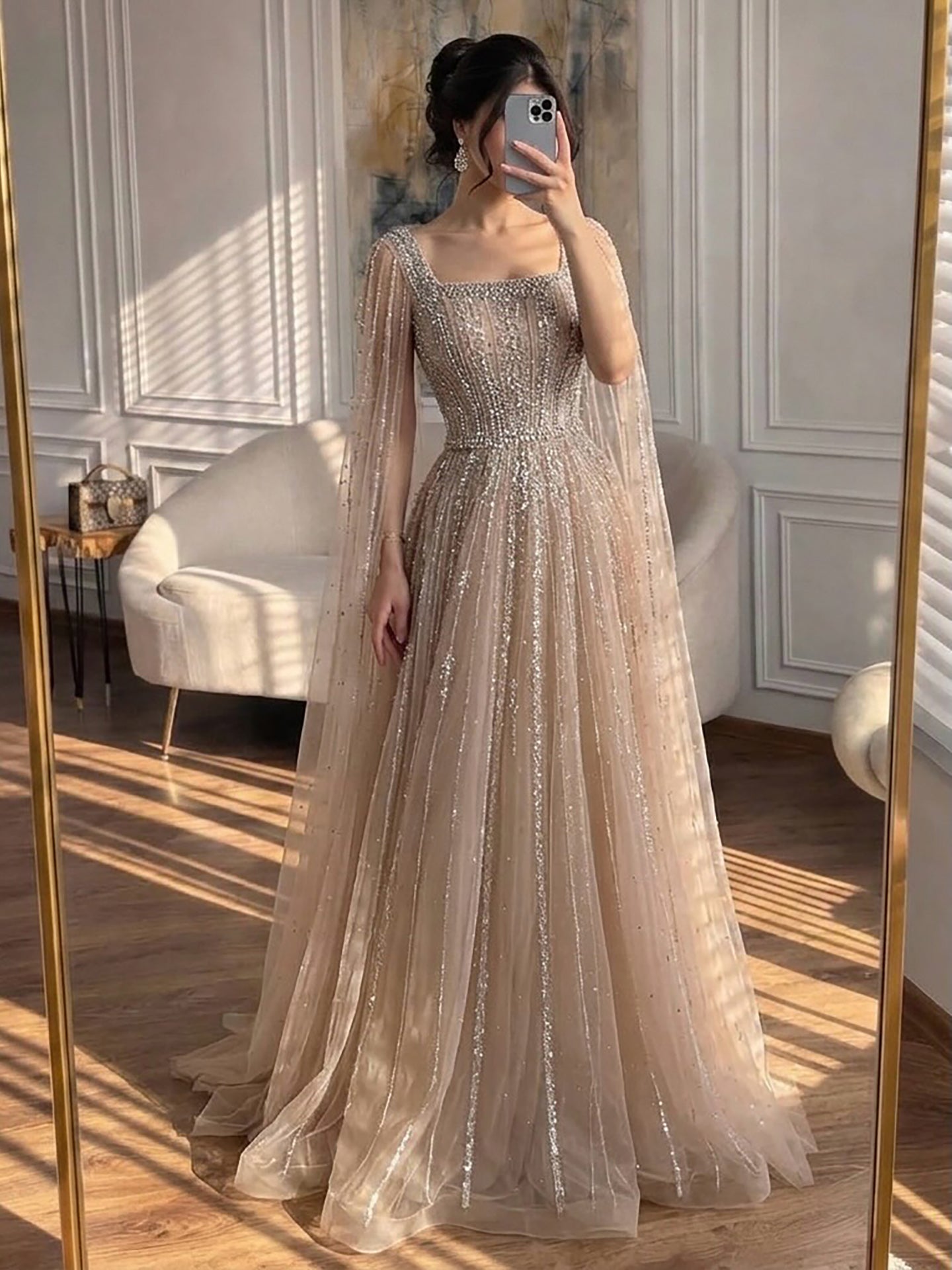 Luxury Blue Square Neck Beaded A Line Evening Gown with Cape LA73188A SERENE HILL