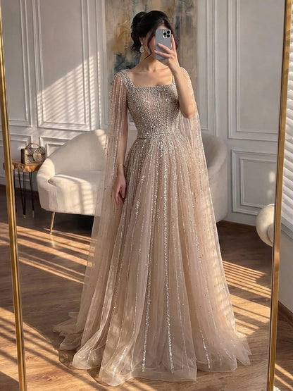 Luxury Blue Square Neck Beaded A Line Evening Gown with Cape LA73188A SERENE HILL