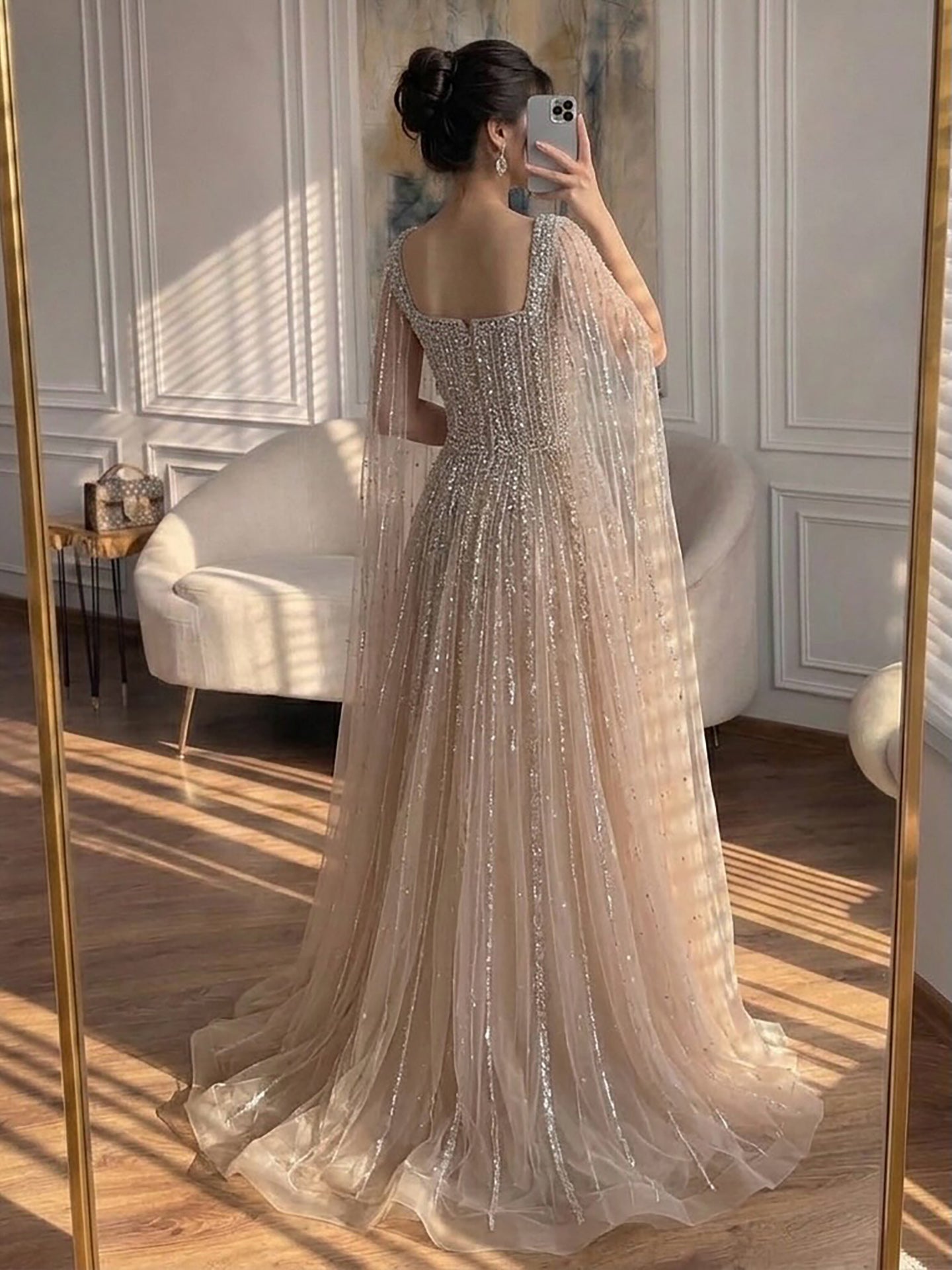 Luxury Blue Square Neck Beaded A Line Evening Gown with Cape LA73188A SERENE HILL