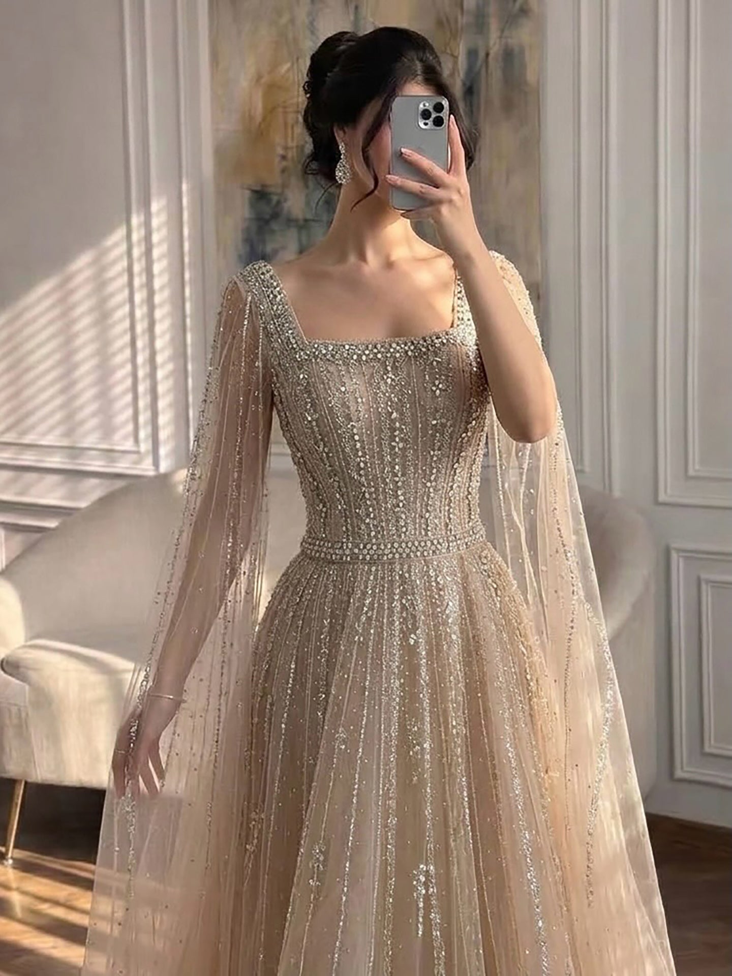 Luxury Blue Square Neck Beaded A Line Evening Gown with Cape LA73188A SERENE HILL
