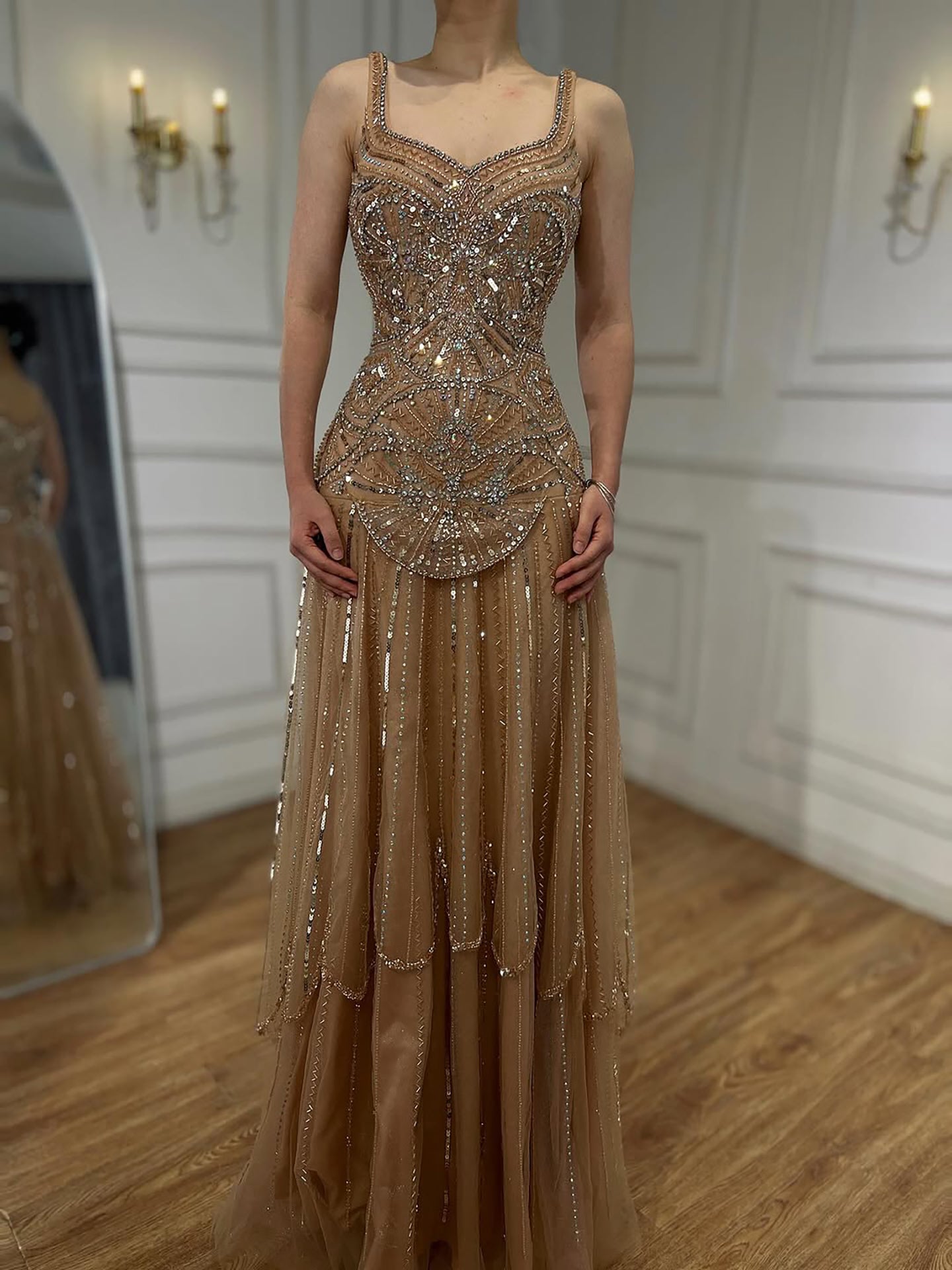 Luxury Nude Spaghetti Strap Beaded A line Evening Dress LA73189 - SERENE  HILL