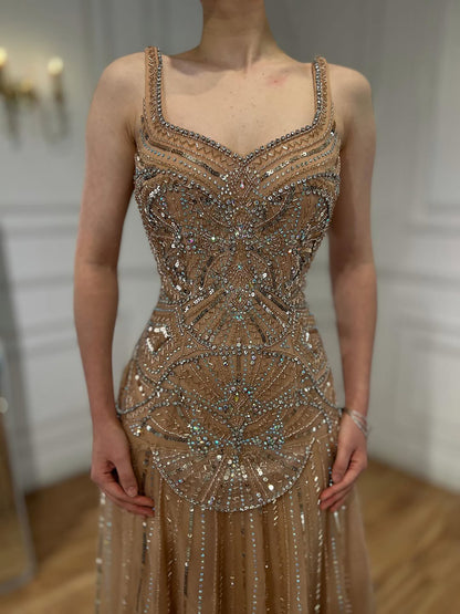 Luxury Nude Spaghetti Strap Beaded A line Evening Dress LA73189 - SERENE  HILL