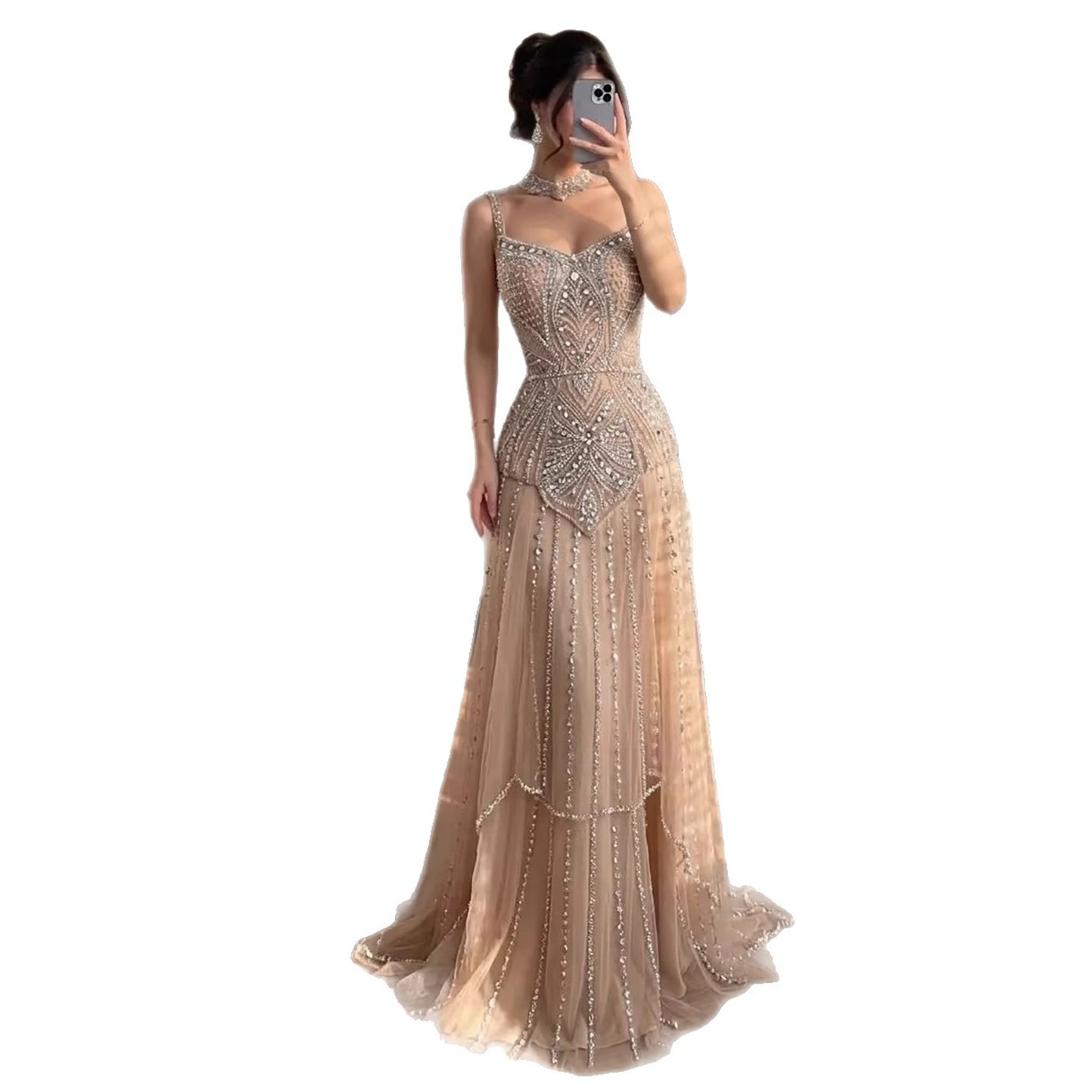 Luxury Nude Beaded A-Line Evening Dress for Women Party LA73189A - SERENE  HILL
