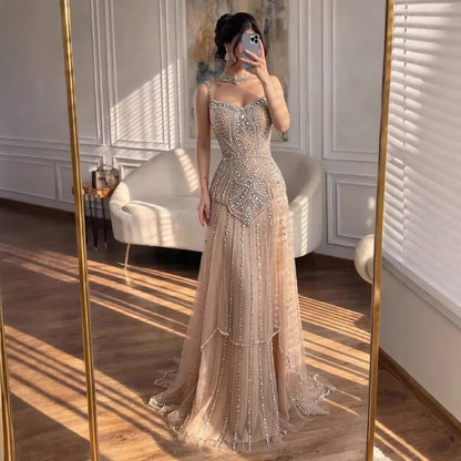 Luxury Nude Beaded A-Line Evening Dress for Women Party LA73189A - SERENE  HILL