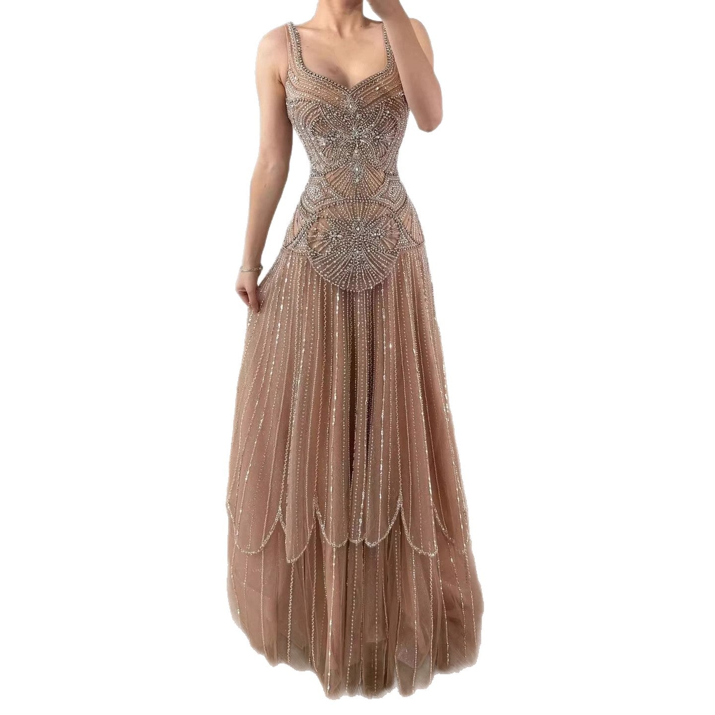 Luxury Nude Spaghetti Strap Beaded A-Line Evening Dress LA73189C - SERENE  HILL
