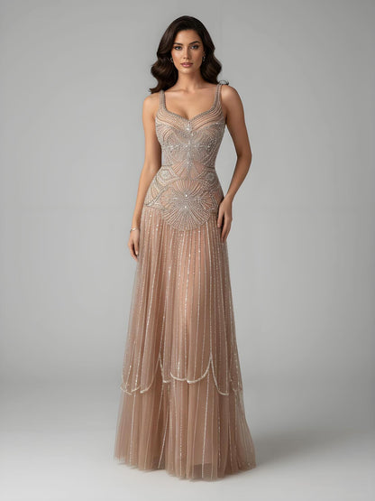 Luxury Nude Spaghetti Strap Beaded A-Line Evening Dress LA73189C - SERENE  HILL