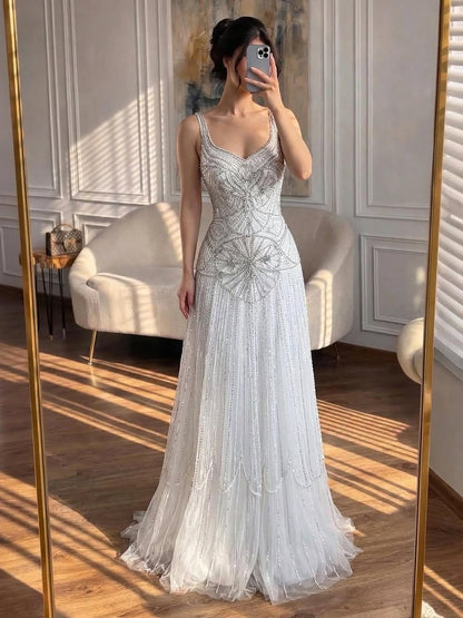Luxury Nude Spaghetti Strap Beaded A-Line Evening Dress LA73189C - SERENE  HILL