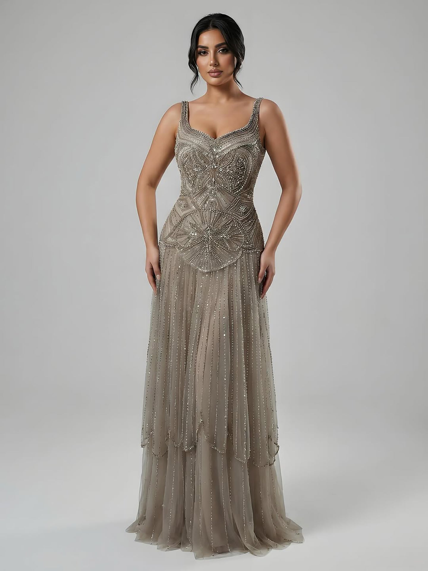 Luxury Nude Spaghetti Strap Beaded A-Line Evening Dress LA73189C - SERENE  HILL