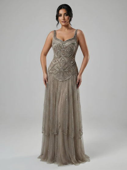 Luxury Nude Spaghetti Strap Beaded A-Line Evening Dress LA73189C - SERENE  HILL