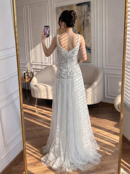 Luxury Nude Spaghetti Strap Beaded A-Line Evening Dress LA73189C - SERENE  HILL