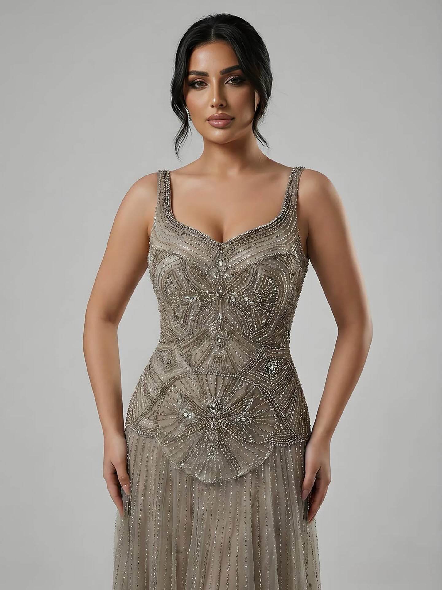 Luxury Nude Spaghetti Strap Beaded A-Line Evening Dress LA73189C - SERENE  HILL