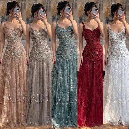 Luxury Nude Spaghetti Strap Beaded A-Line Evening Dress LA73189C