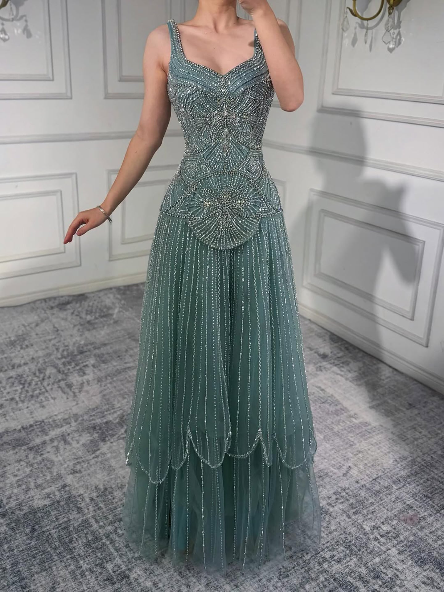 Luxury Nude Spaghetti Strap Beaded A-Line Evening Dress LA73189C - SERENE  HILL