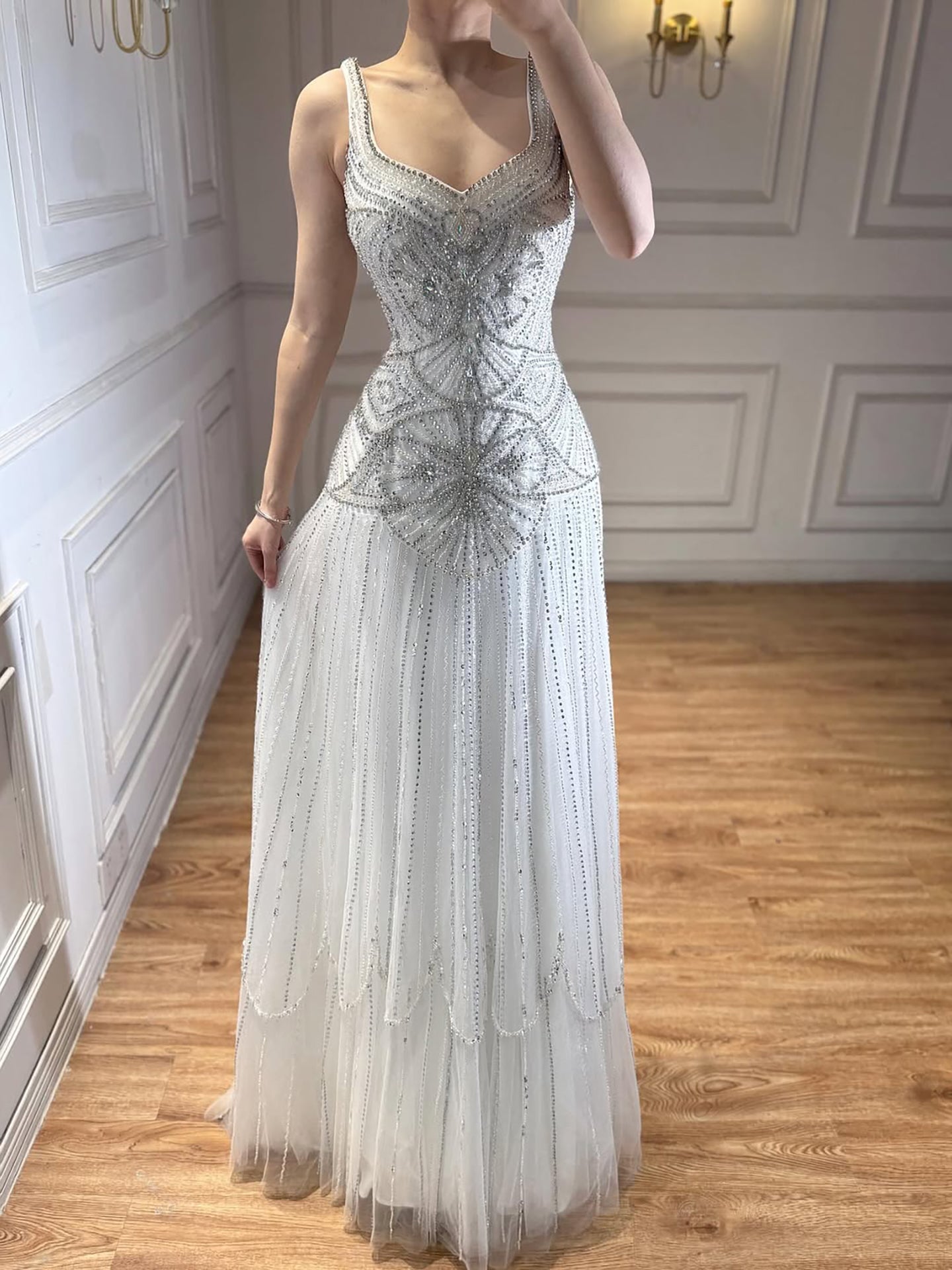 Luxury Nude Spaghetti Strap Beaded A-Line Evening Dress LA73189C - SERENE  HILL