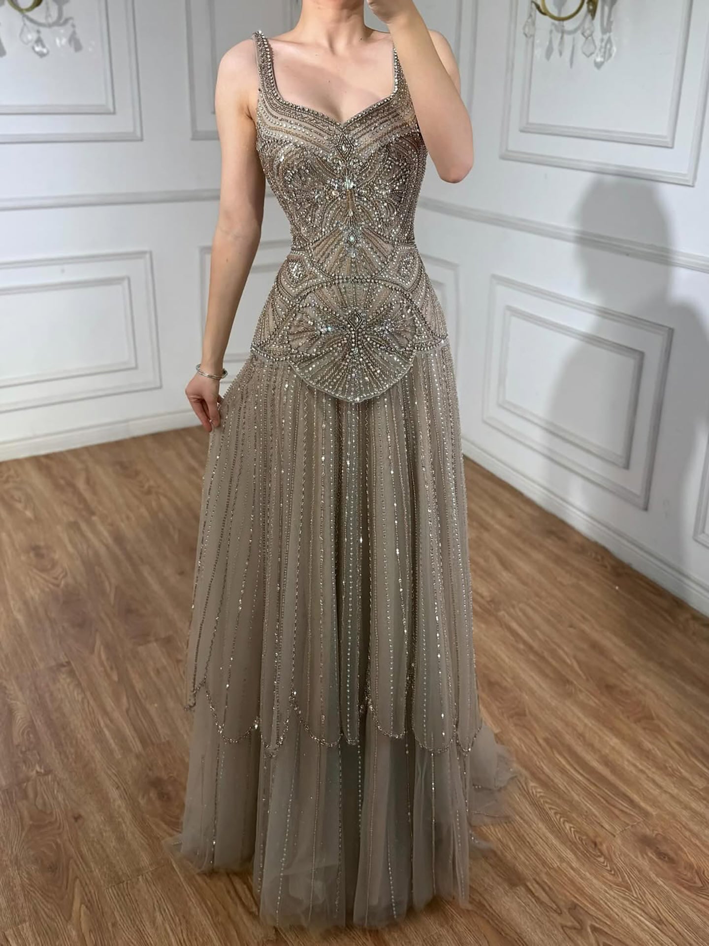 Luxury Nude Spaghetti Strap Beaded A-Line Evening Dress LA73189C - SERENE  HILL